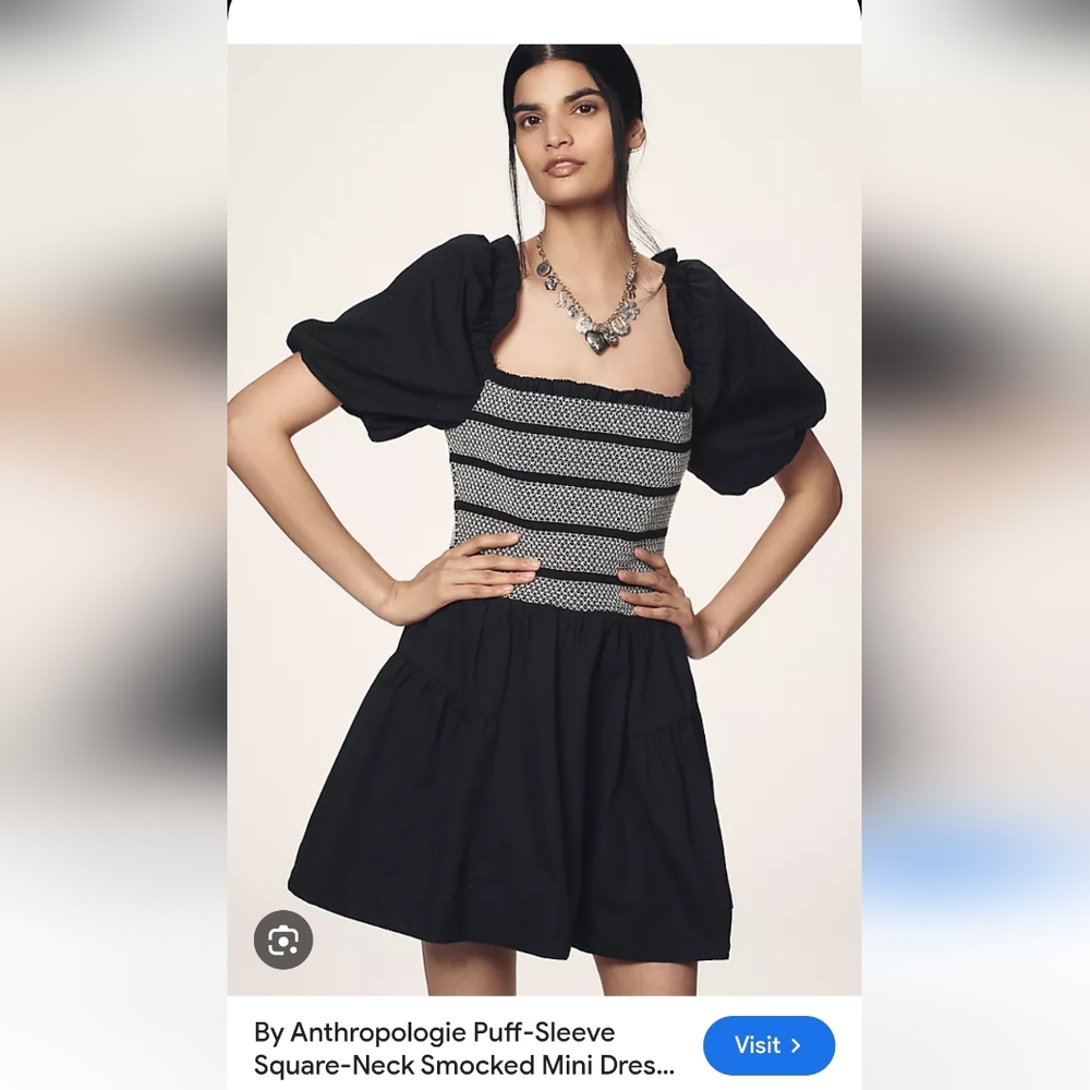 Anthropologie Black Puff-Sleeve Square-Neck Smocked Dress 100% Cotton